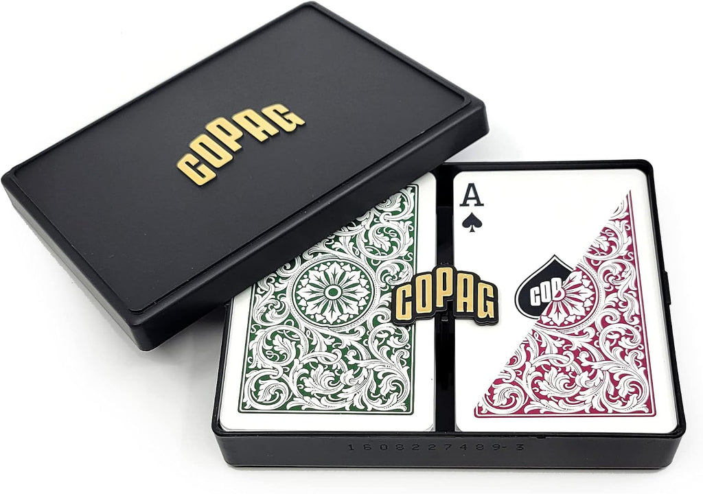 Copag 1546 Design 100% Plastic Playing Cards, Bridge Size (Narrow) Green/Burgundy (Standard Index, 6 Sets)