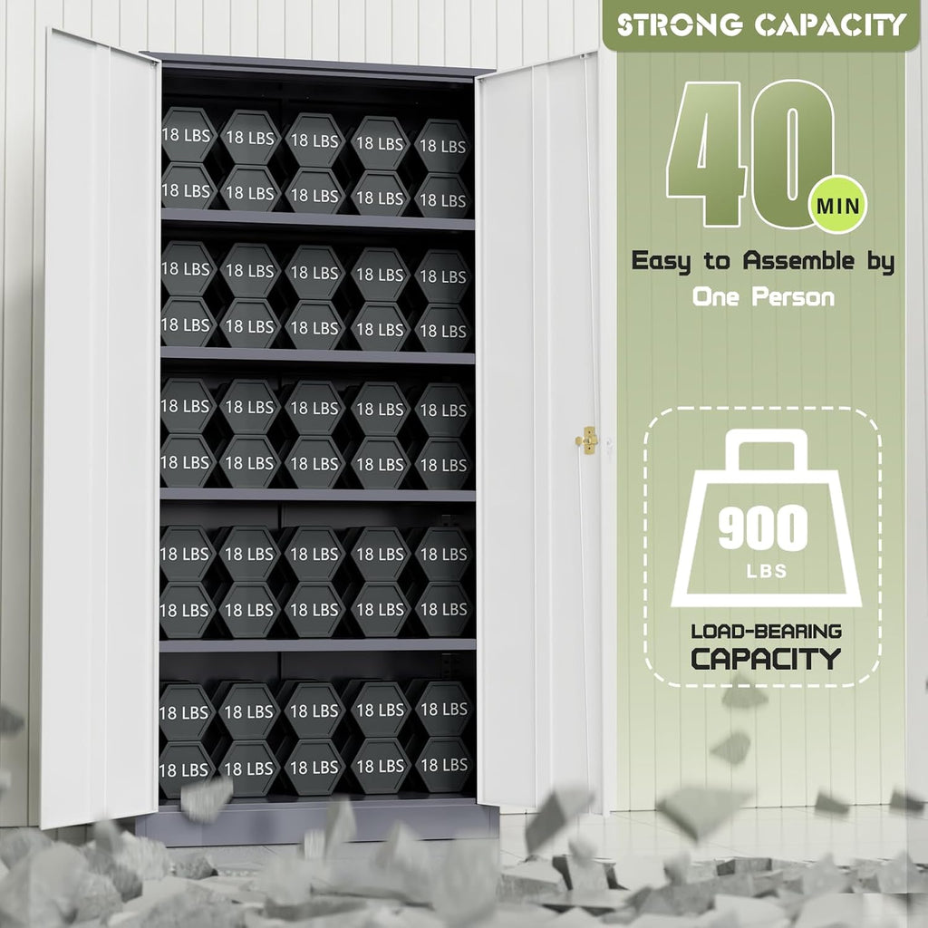 Incbruce 72' H x18 D Patio Metal Storage Cabinet, Outdoor Storage Cabinet with Doors and Adjustable Shelves, Tool Shed for Home, Patio, Office (Grey White)