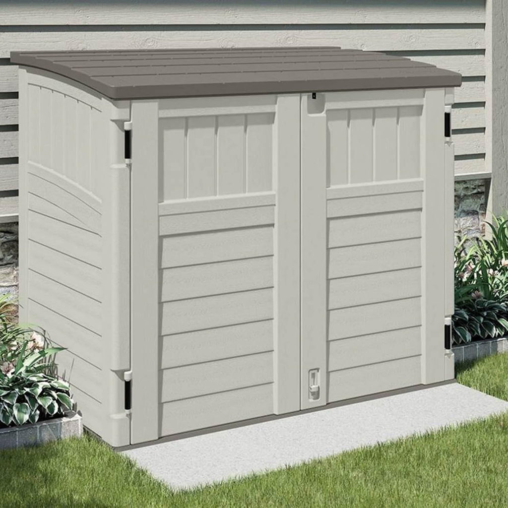 Suncast 2 Pack 34 Cu Ft Capacity Horizontal Outdoor Storage Shed for Garbage Cans, Garden Accessories, Backyard, and Patio Use, Vanilla