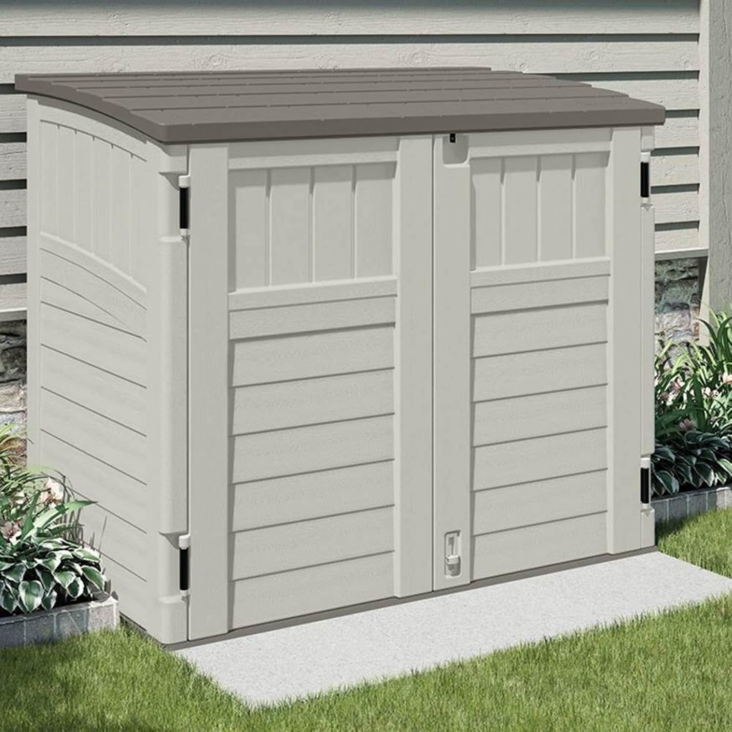Suncast 2 Pack 34 Cu Ft Capacity Horizontal Outdoor Storage Shed for Garbage Cans, Garden Accessories, Backyard, and Patio Use, Vanilla