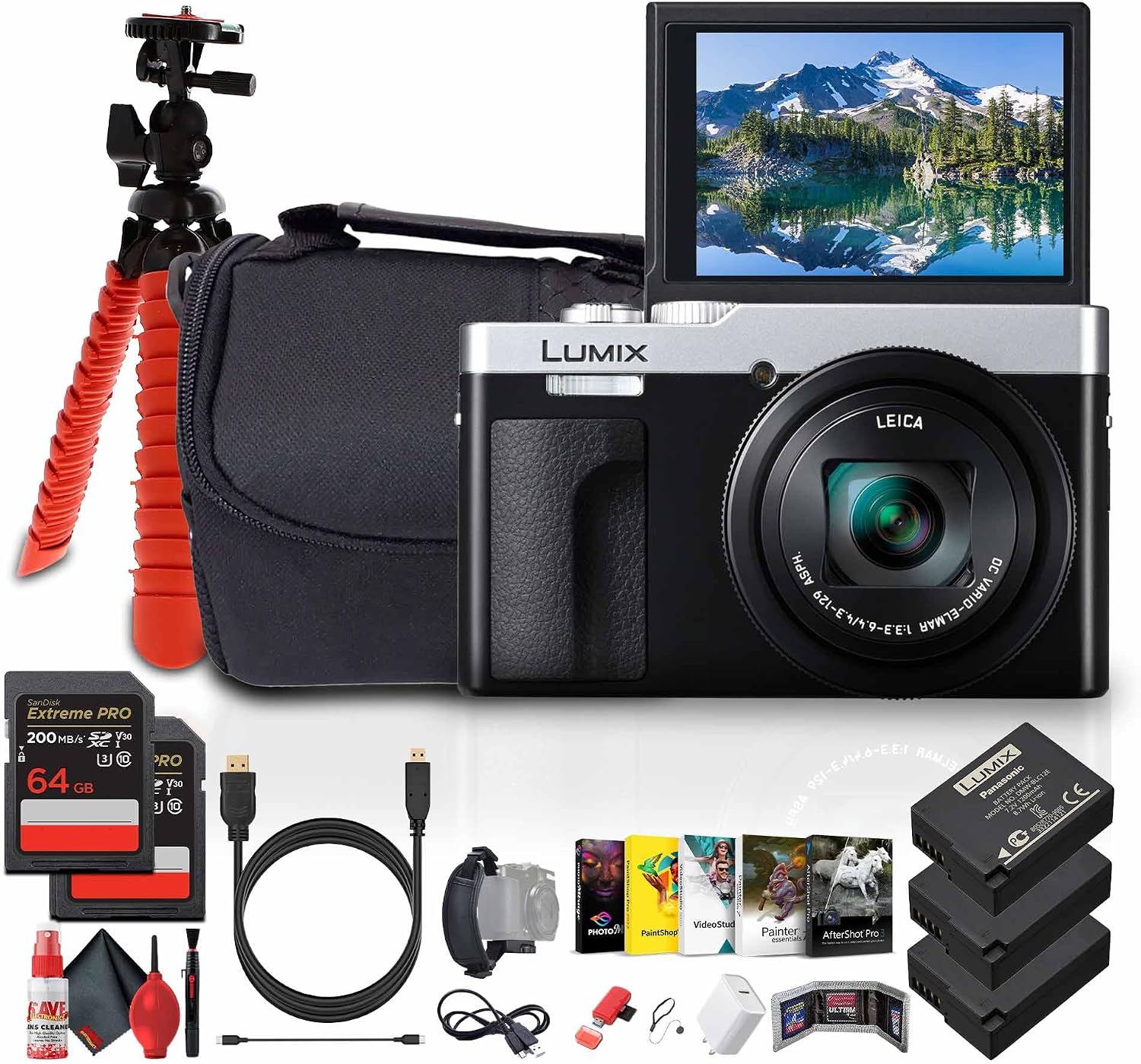 Panasonic ZS99 Point and Shoot Compact Travel Digital Camera (Silver) (DC-ZS99S) + Photography Software + 2 x 64GB Memory Card + 2 x DMW-BLG10 Battery + Camera Bag + Flexible Tripod + More