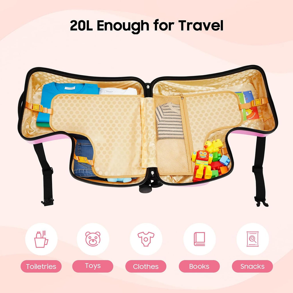 20Inch Kid Ride Suitcase, Portable Kids Travel Suitcase with Lock & Safety Belt, Floor Standing Children's Travel Trolley Case, Ride On Suitcase for Kids Aged 3-6 Years Old