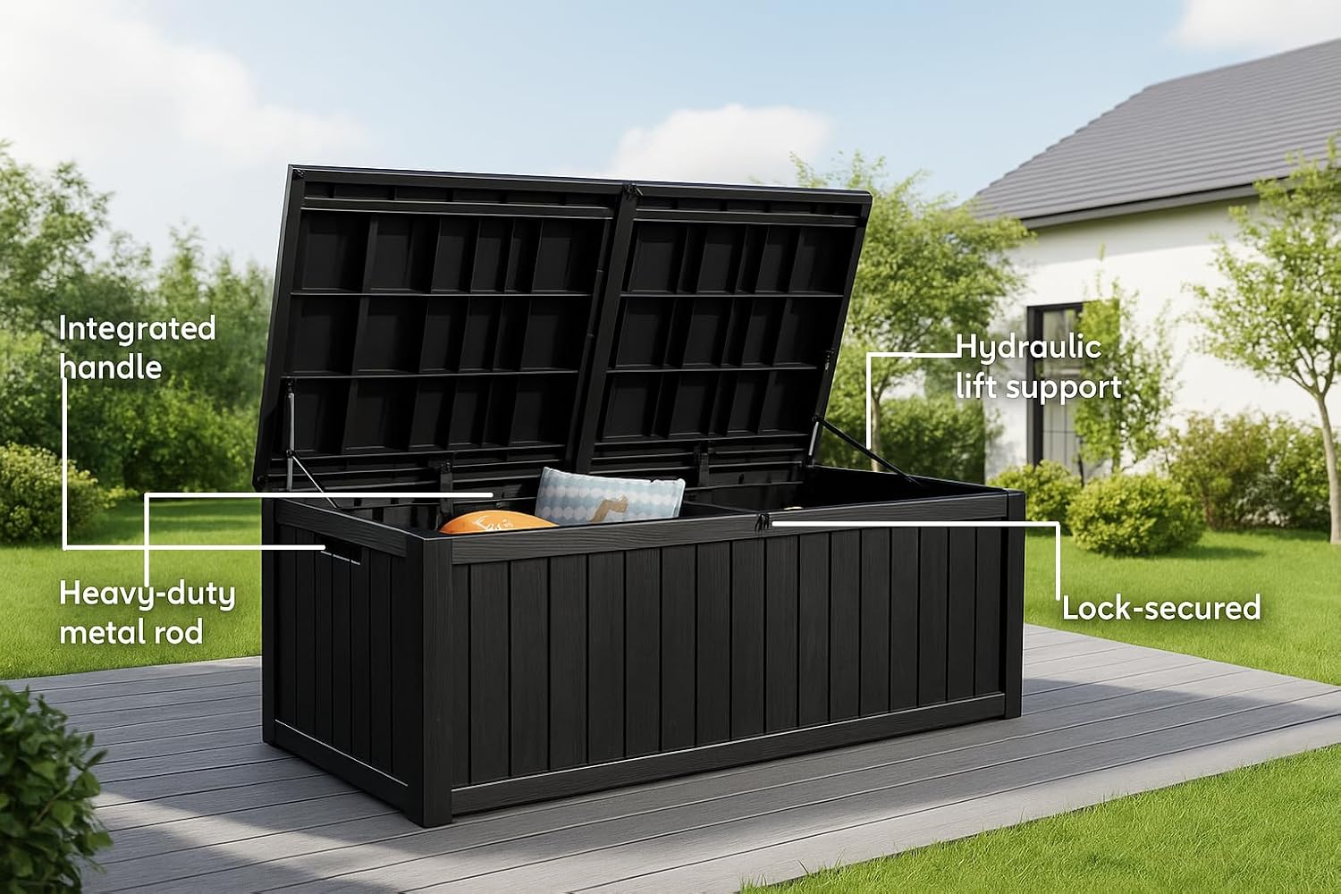 BTEXPERT 150 Gallon Outdoor Storage Container Deck Box with Metal Support Rods for Patio Furniture Garden Tools Cushions Waterproof Lockable UV Resistant Resin
