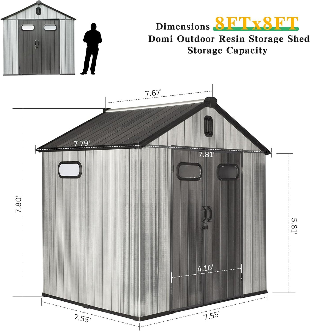 Domi 8x8FT Resin Outdoor Storage Shed with Lockable Door, Waterproof Outside Sheds with Windows & Vents, Heavy-Duty Plastic Tool Storage Shed for Patio Furniture, Lawn Mower, Bike