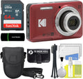 Kodak PIXPRO FZ55 Red 16MP Digital Camera 5X Optical Zoom 28mm Wide Angle 1080P Full HD Video 2.7' LCD Camera + 64GB Card and Reader + Case + Memory Wallet + Tripod + Cleaning Bundle