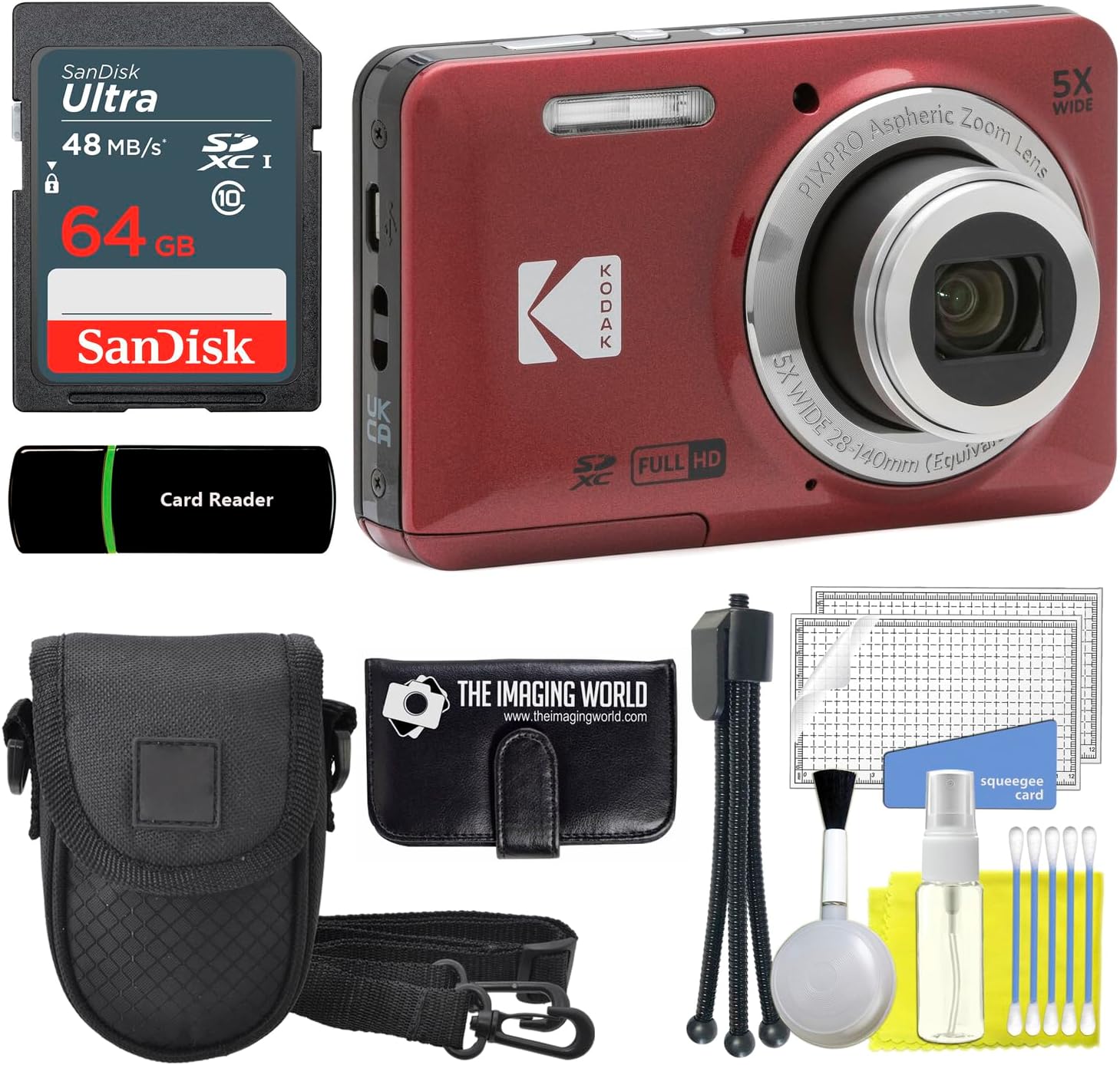 Kodak PIXPRO FZ55 Red 16MP Digital Camera 5X Optical Zoom 28mm Wide Angle 1080P Full HD Video 2.7' LCD Camera + 64GB Card and Reader + Case + Memory Wallet + Tripod + Cleaning Bundle