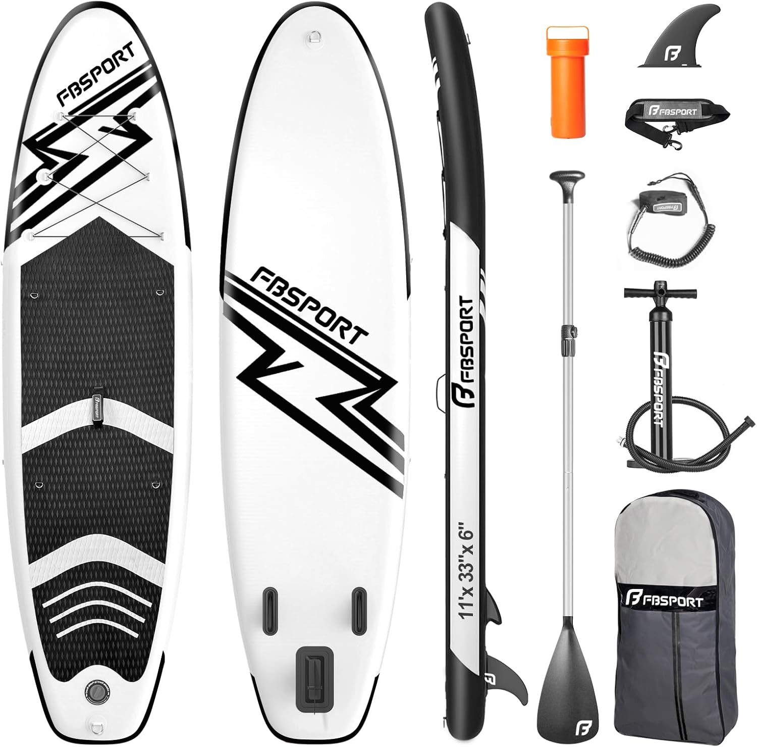FBSPORT 11' Premium Stand Up Paddle Board, Yoga Board with SUP Accessories & Carry Bag | Wide Stance, Surf Control, Non-Slip Deck, Leash, Paddle and Pump for Youth & Adult