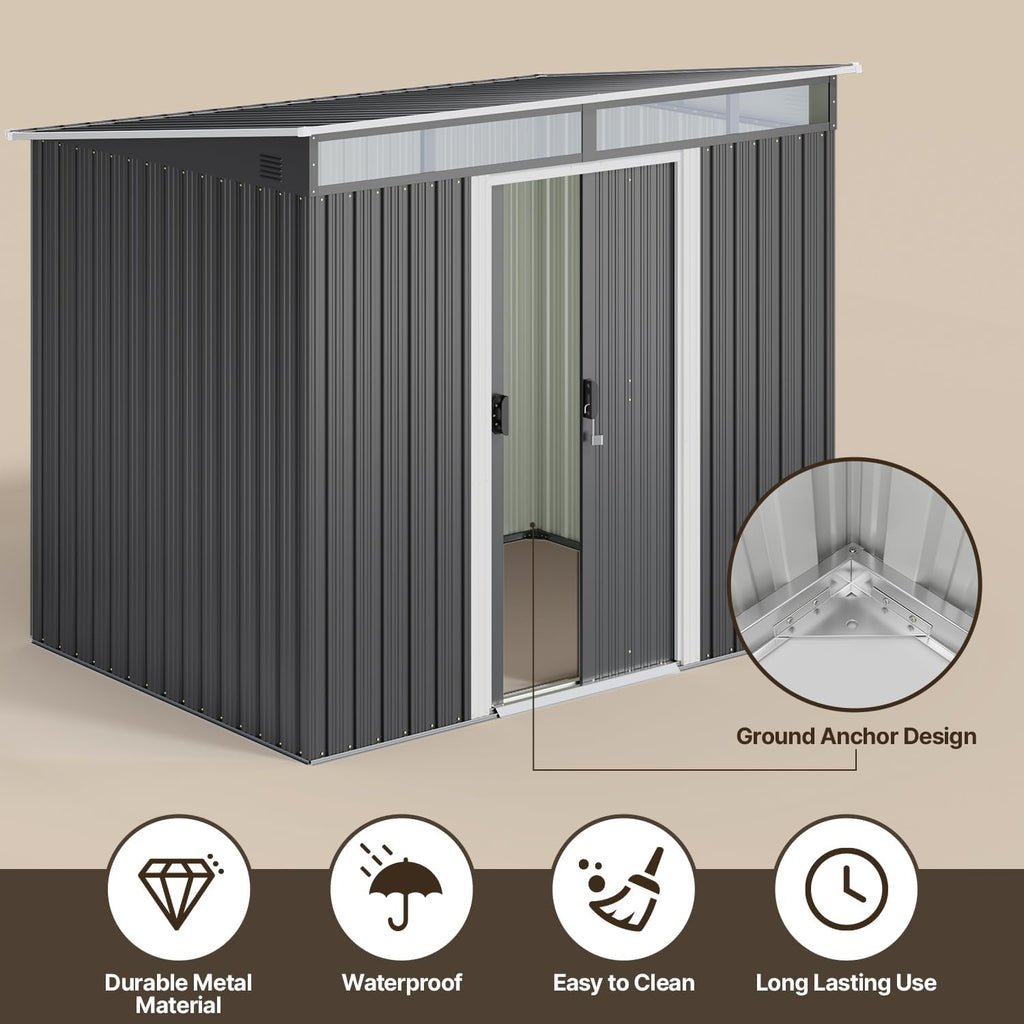 Gizoon 7.4'x5.3' Outdoor Storage Shed Metal Garden Shed with Sliding Lockable Doors, Versatile Tool Bike Shed with Transparent Panel Windows, Outdoor Storage Clearance for Backyard, Patio, Dark Gray