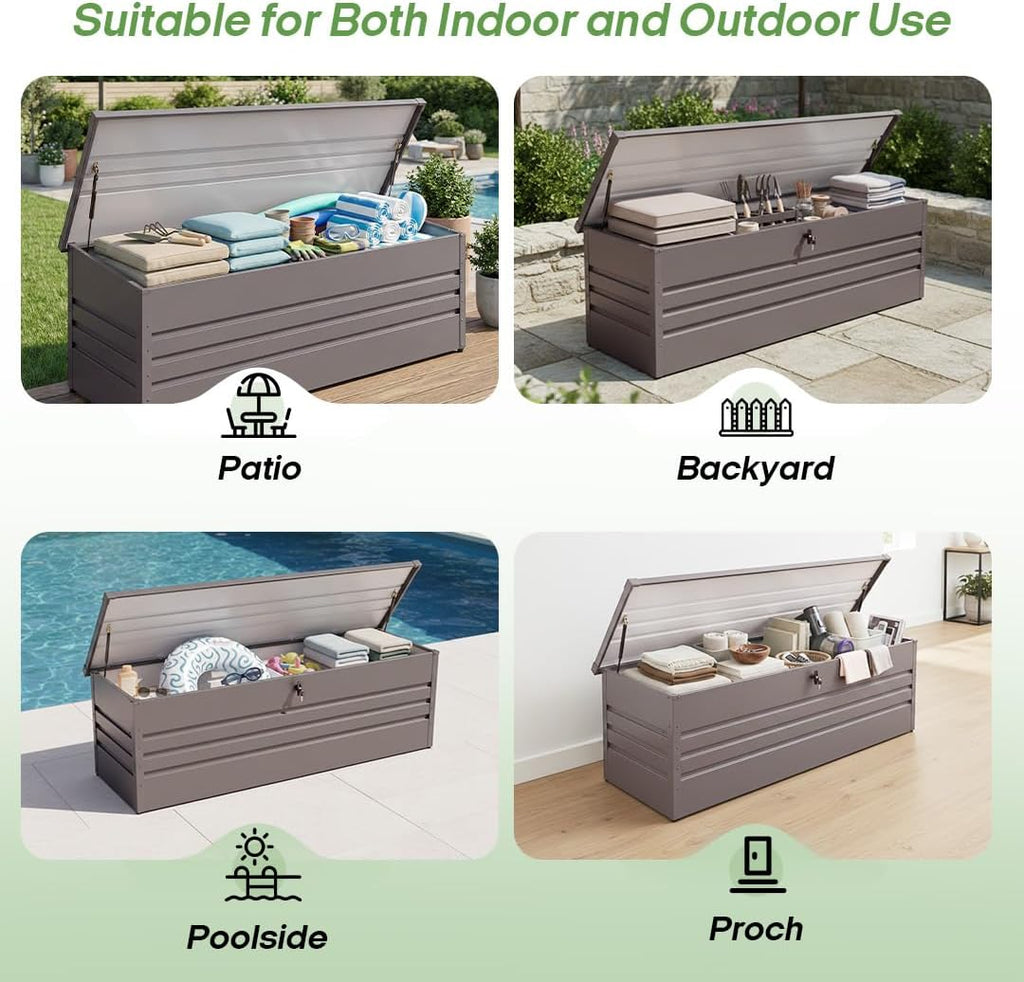 260 Gallon Waterproof Outdoor Storage Box, Extra Large Outside Metal Deck Storage Box for Patio Cushions, Garden Tools, Pool Supplies, Light Gray