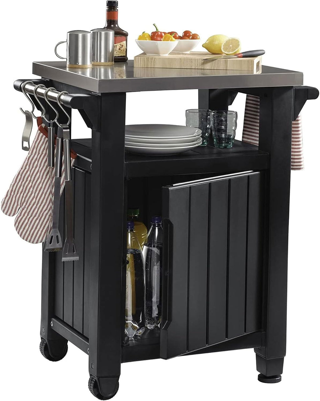 Keter Unity Portable Outdoor Table and Storage Cabinet with Hooks for Grill Accessories-Stainless Steel Top for Patio Kitchen Island or Bar Cart