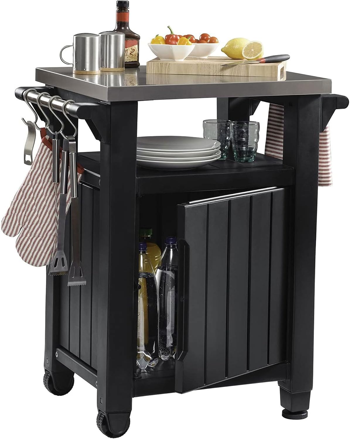 Keter Unity Portable Outdoor Table and Storage Cabinet with Hooks for Grill Accessories-Stainless Steel Top for Patio Kitchen Island or Bar Cart