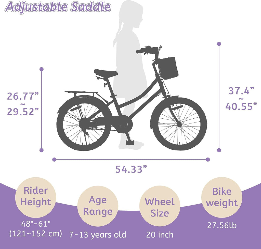 Girls Bikes Ages 8-12, 20 Inch Girls Bike Kids Bicycle with Basket, Lightweight Kids' Bicycles with Front and Rear Brakes, Cruiser Bike for Children, Multiple Colors