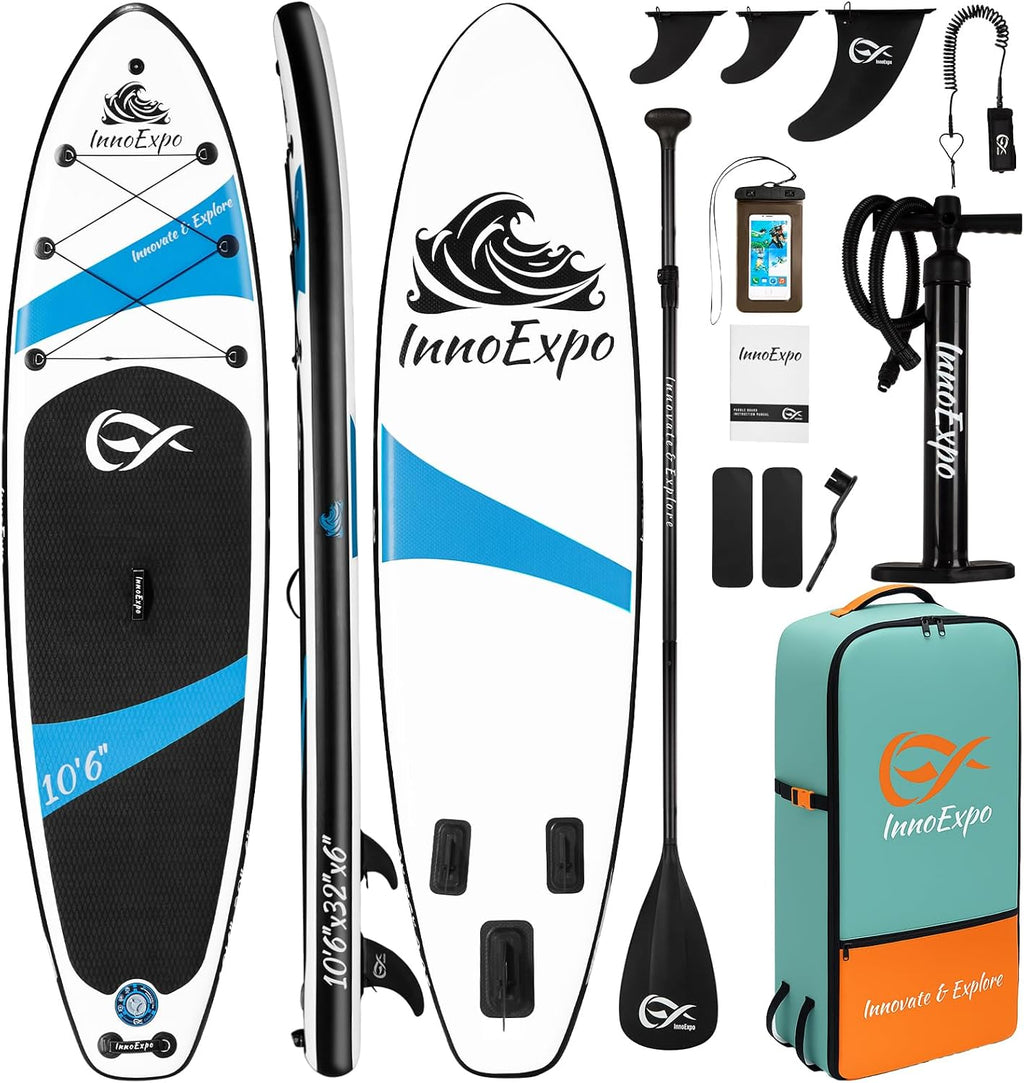 InnoExpo Inflatable Stand Up Paddle Boards with Premium Accessories, Wide Stable SUP Paddle Board Design, Non-Slip Comfort Deck for Youth & Adults