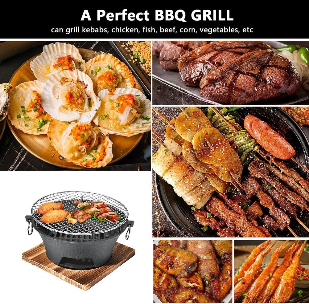 AIZYR Mini BBQ Grill, Portable Charcoal Stove Korean Tabletop Grill Barbecue Grill with Wooden Base for Outdoor Party Camping Picnics,28cm