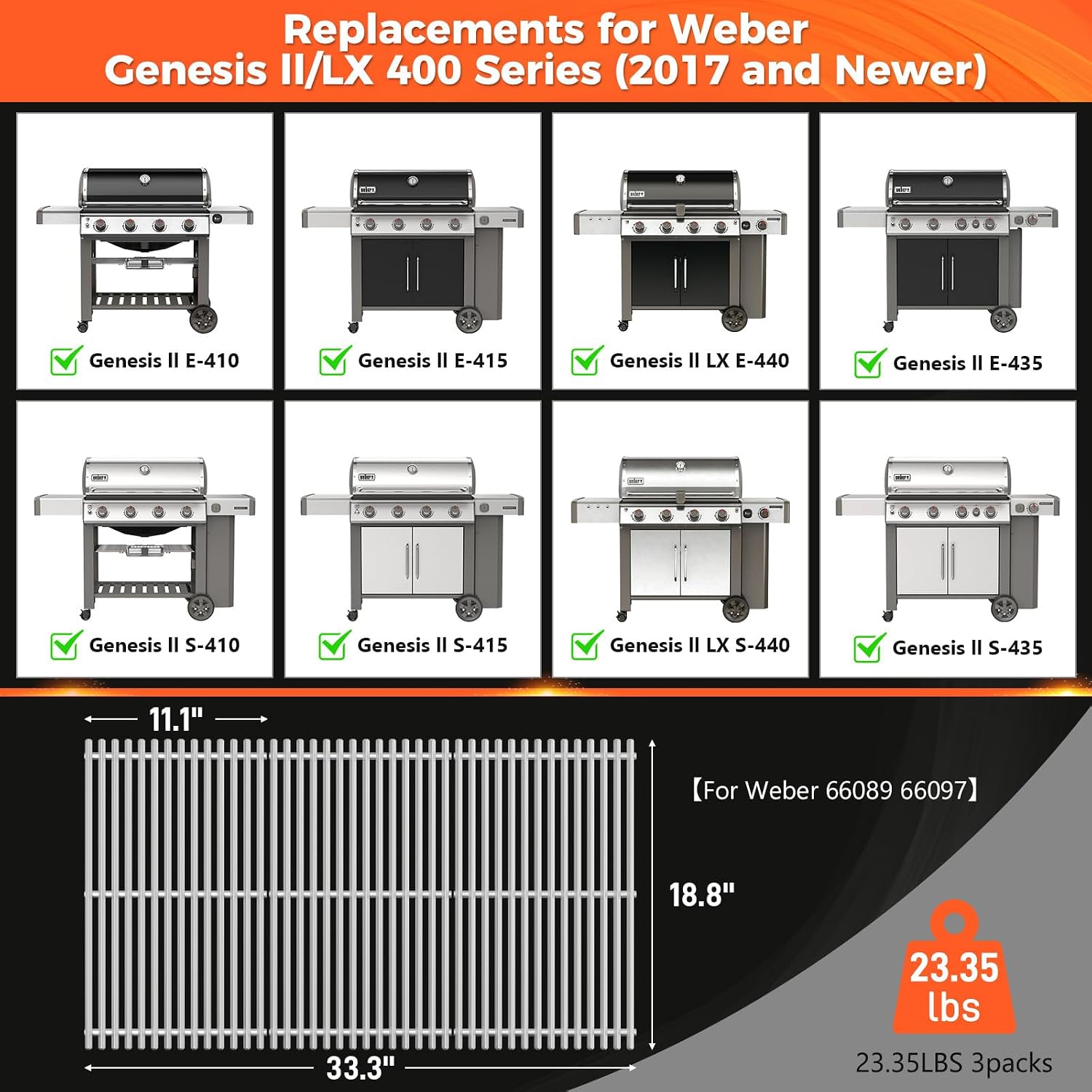 QuliMetal 9.5MM Grill Grates for Weber Genesis II E-410/E-415/E-435, Grill Parts for Genesis II/LX E-440 Series Gas Grills, 304 Stainless Steel Grill Grates Parts for Weber GS4 66089 66097