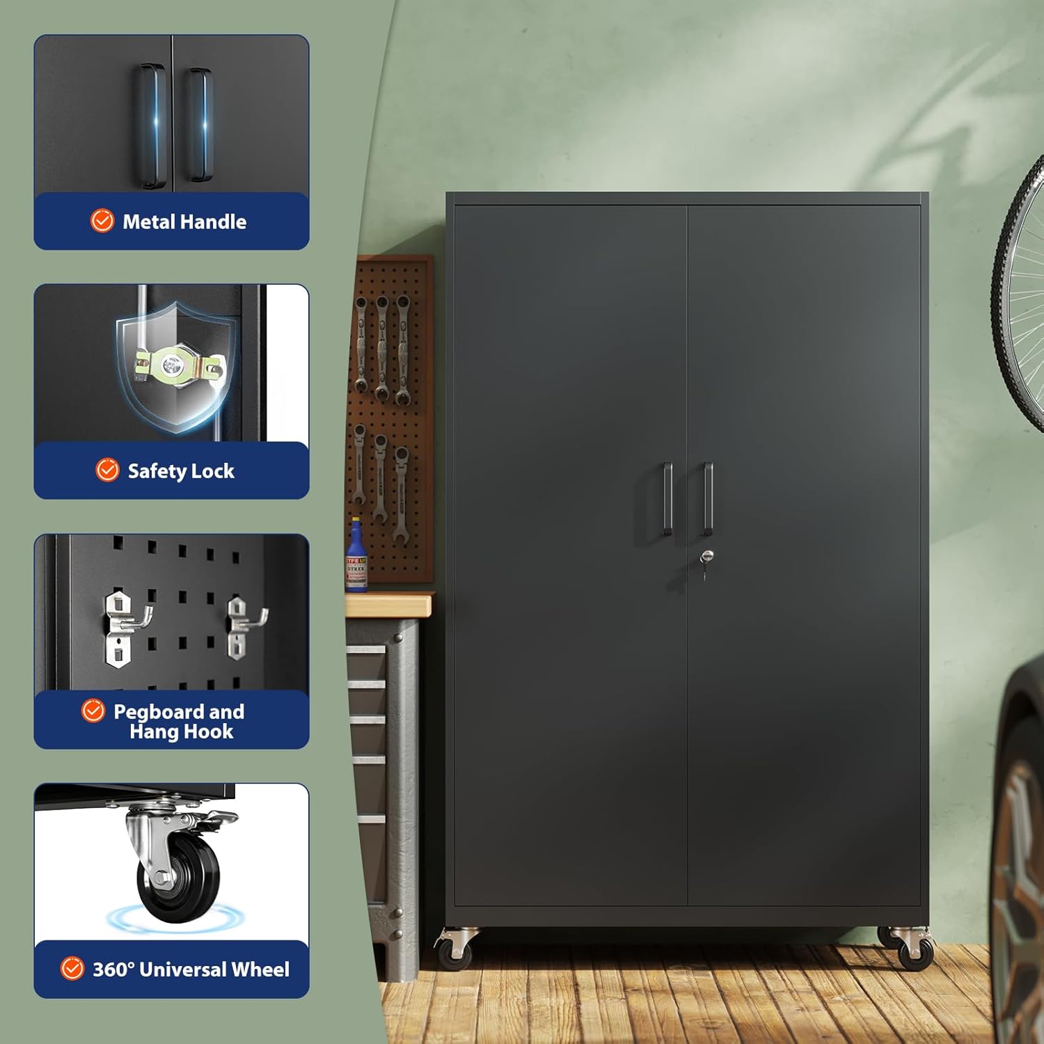 Yizosh Metal Garage Storage Cabinet with Locking Doors and Adjustable Shelves,- 71' Rolling Steel Tool Cabinet for Home Office,Garage,Warehouse