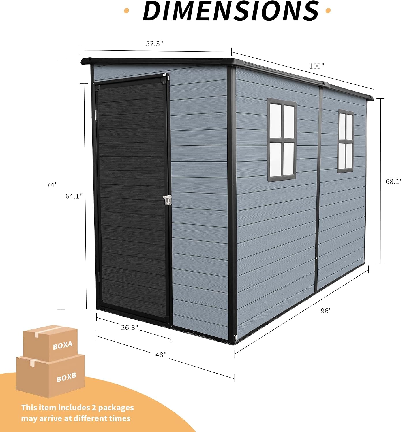 4x8ft Resin Lean to Shed with Floor, Outdoor Storage Shed with 2 Windows, Plastic Shed & Outdoor Storage Clearance for Patio Furniture, Garden Tools Bike Accessories, Beach Chairs, Black+Grey
