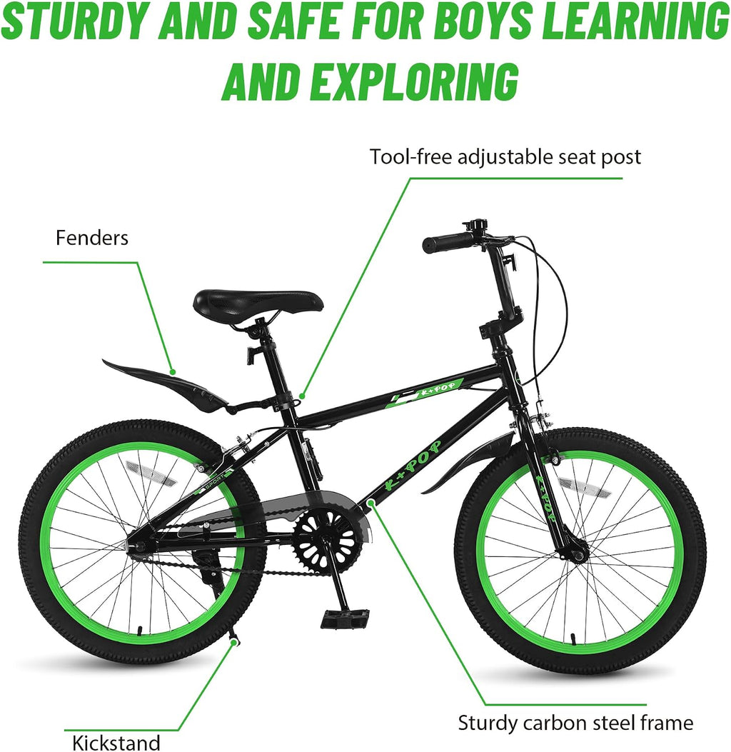 20 Inch Kids' Bike for Boys Aged 7-12, BMX-Style Boys Bike for Kids, Lightweight Children's Bicycles, Kids' Bicycles with Front and Rear Brakes, Adjustable Seat, Kickstand
