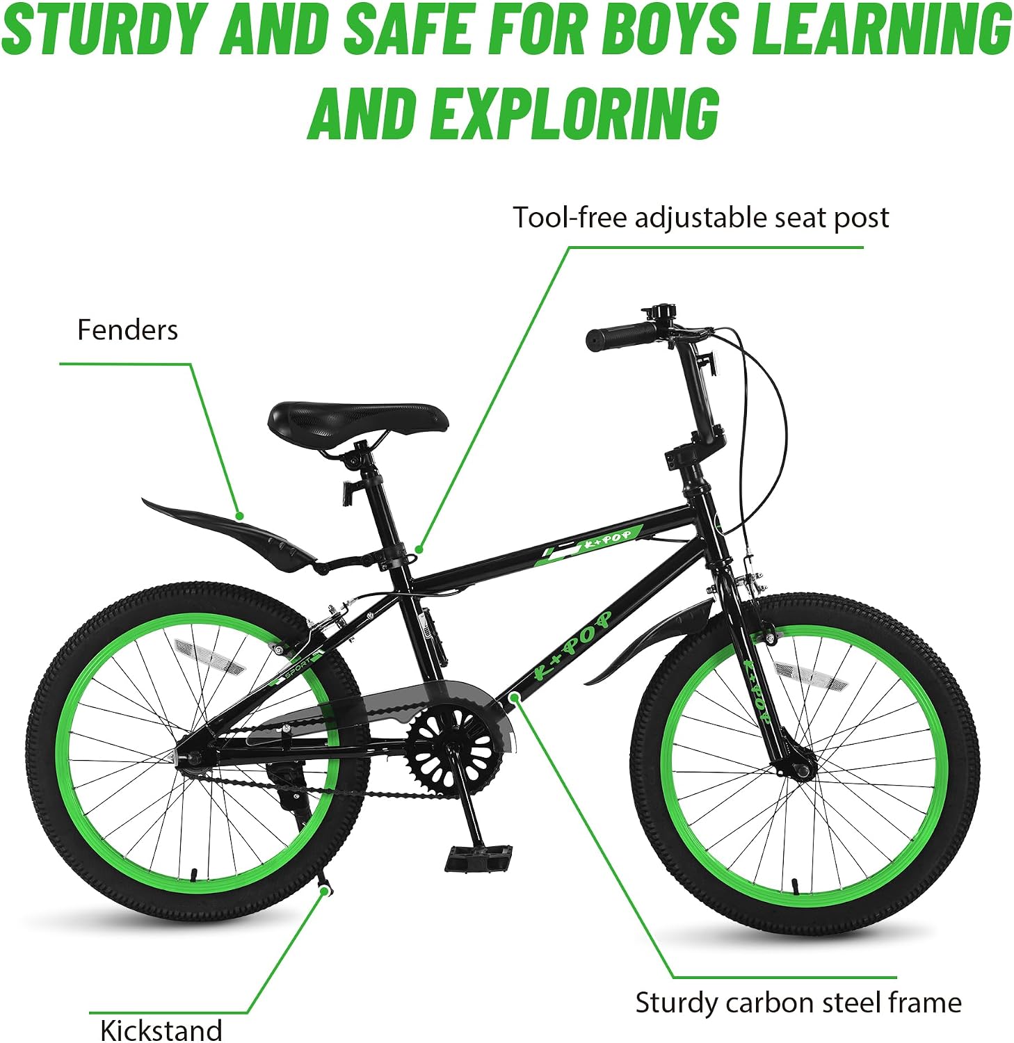 20 Inch Kids' Bike for Boys Aged 7-12, BMX-Style Boys Bike for Kids, Lightweight Children's Bicycles, Kids' Bicycles with Front and Rear Brakes, Adjustable Seat, Kickstand