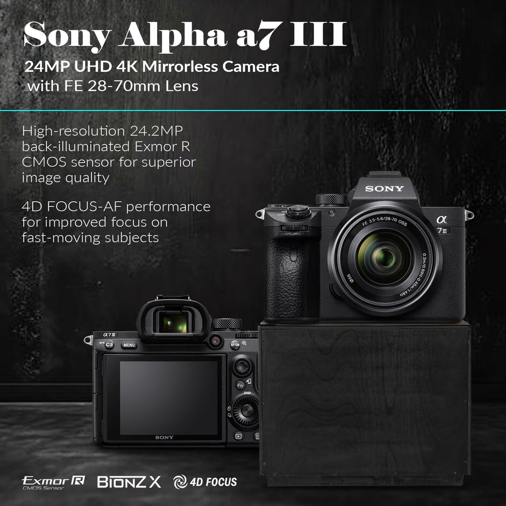 Sony Alpha a7 III Mirrorless Digital Camera with FE 28-70mm Lens - Bundle, Shoulder Bag, 64GB SD Card, Card Reader, SD Card Case, PC & Mac Software Kit, Extra Battery, 55mm Filter Kit