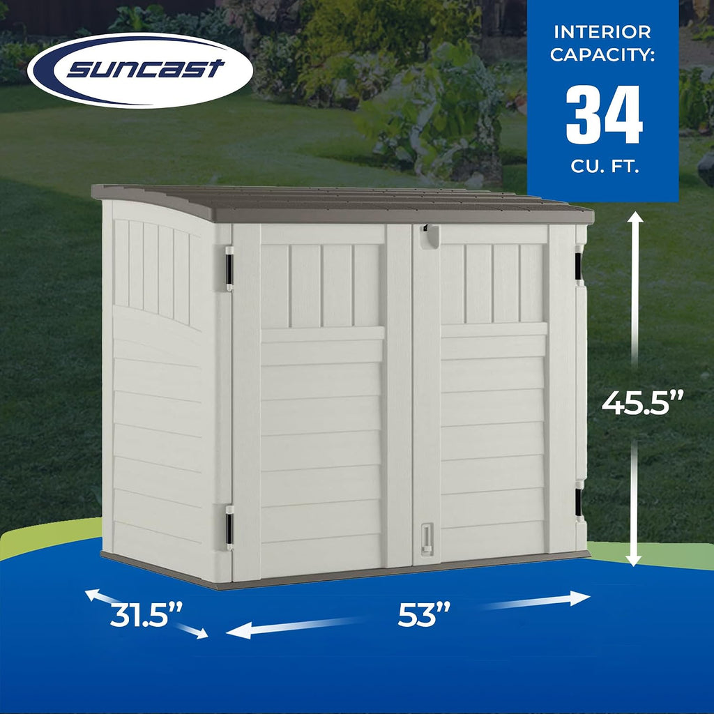 Suncast 2 Pack 34 Cu Ft Capacity Horizontal Outdoor Storage Shed for Garbage Cans, Garden Accessories, Backyard, and Patio Use, Vanilla
