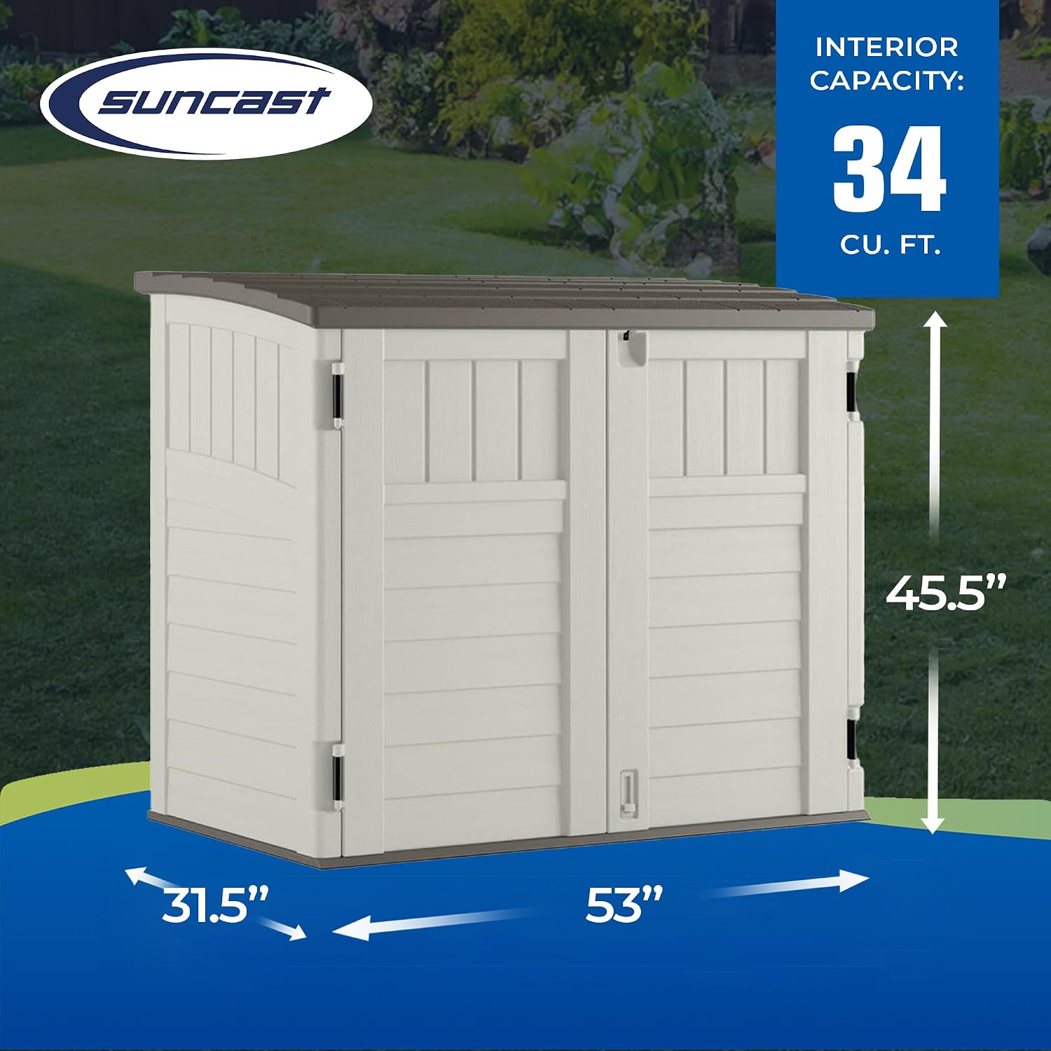 Suncast 2 Pack 34 Cu Ft Capacity Horizontal Outdoor Storage Shed for Garbage Cans, Garden Accessories, Backyard, and Patio Use, Vanilla