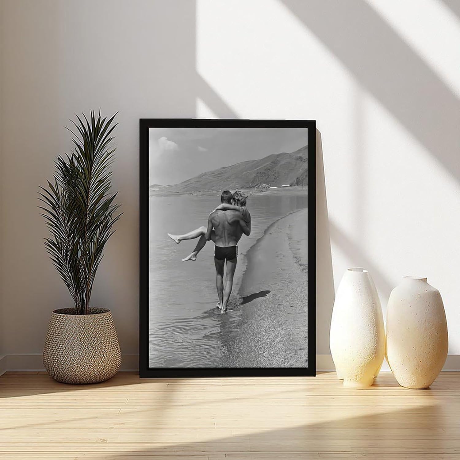 UXCBIA Young Couple Walking by The Lake, 1960s Black And White Retro Poster Canvas Poster Wall Art Decor Print Picture Paintings for Living Room Bedroom Decoration Black Frame 24x36in(60x90cm)