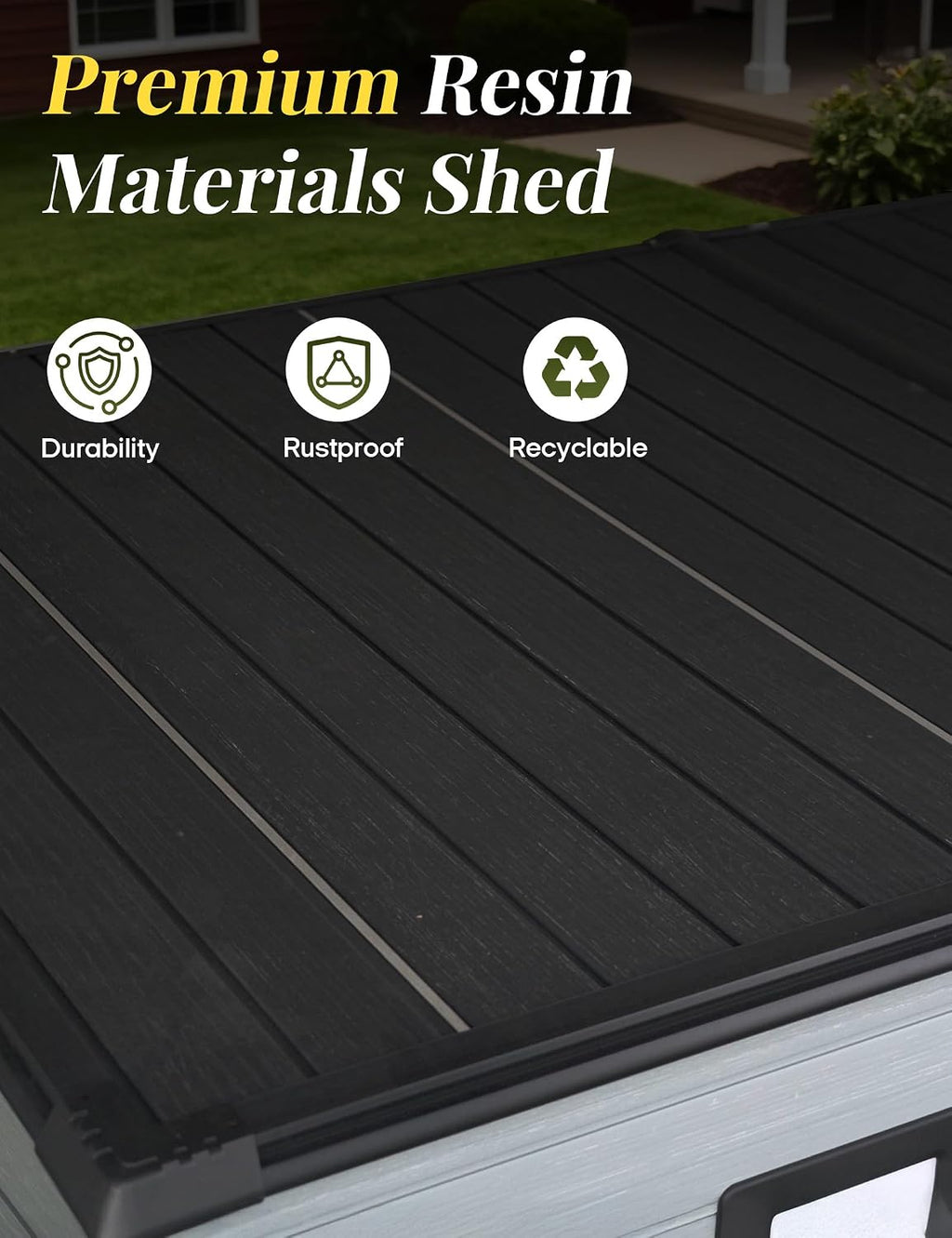 10x7ft Lean to Shed with Floor, Resin Storage Shed with Window and Lockable Door, Plastic Garden Shed for Backyard Patio and Outdoor Tool Storage (Black+Grey)