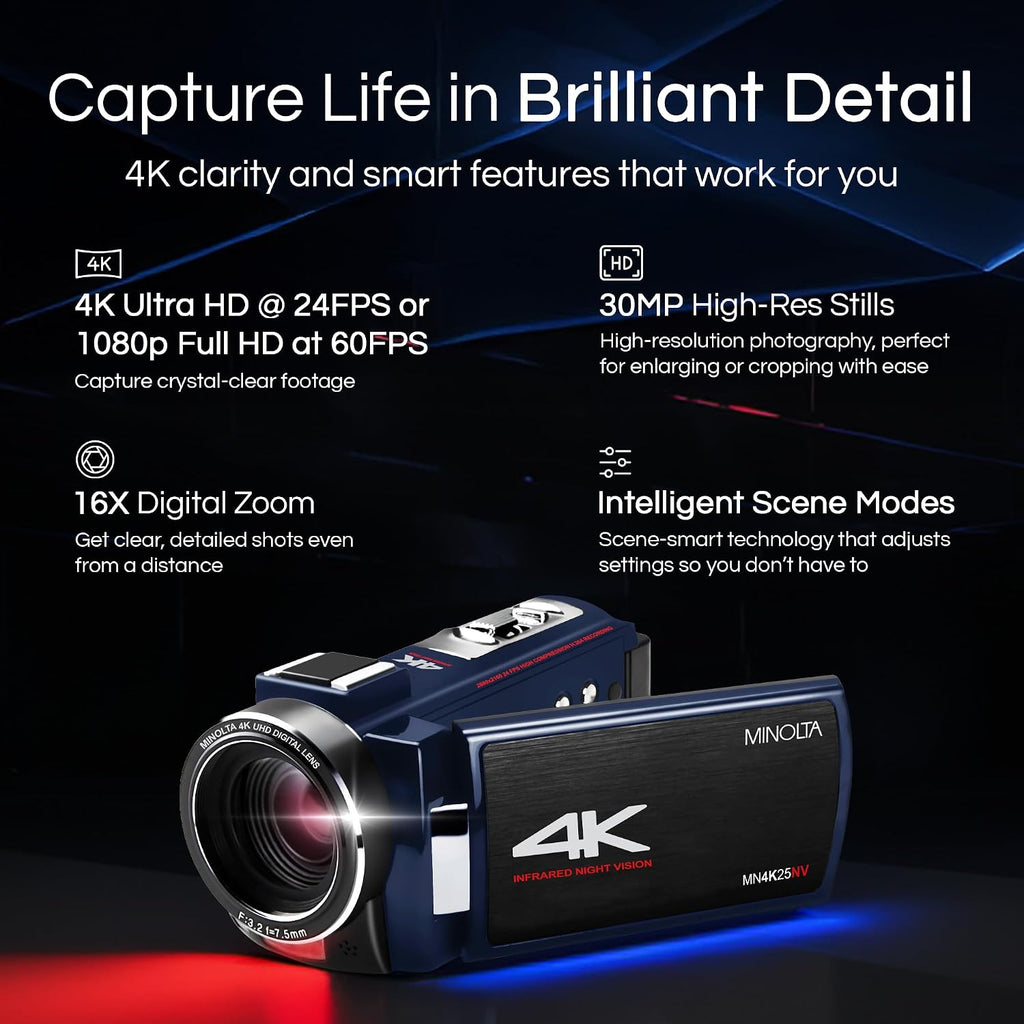 Minolta Camcorder - 4K Ultra HD, 30MP Photos, Night Vision with IR LEDs, 16X Zoom, Time-Lapse, Anti-Shake, 3' Touchscreen, HDMI USB Output, SD Slot, CMOS Sensor (Black)