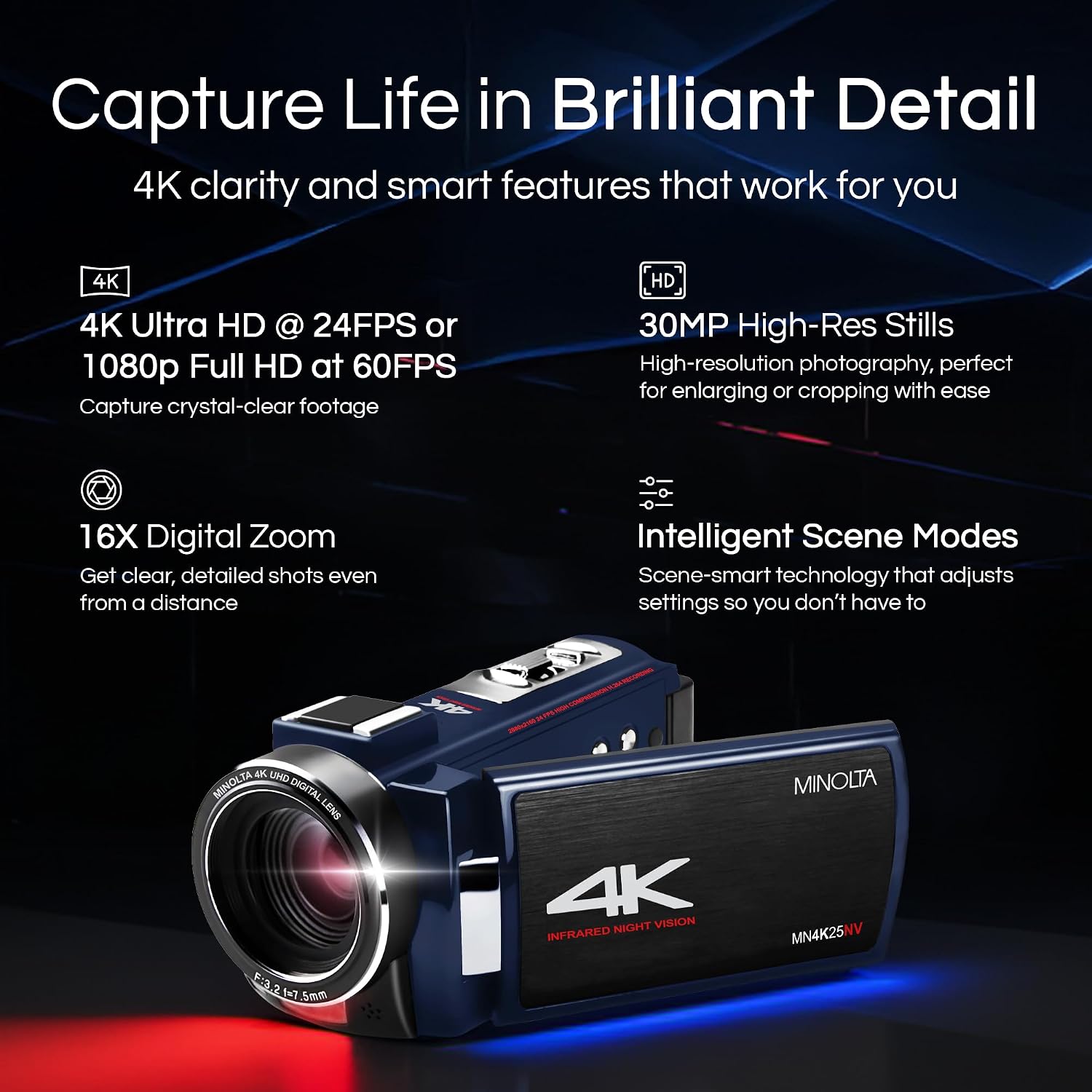 Minolta Camcorder - 4K Ultra HD, 30MP Photos, Night Vision with IR LEDs, 16X Zoom, Time-Lapse, Anti-Shake, 3' Touchscreen, HDMI USB Output, SD Slot, CMOS Sensor (Black)