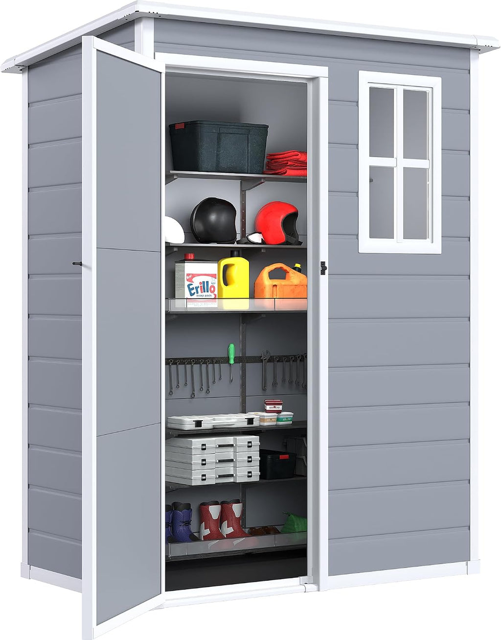 DWVO 5x3ft Resin Outdoor Storage Shed with Floor, Waterproof Lockable Storage Shed with Window, Plastic Outside Tool Storage for Garden, Backyard, Patio, Lawn,Gray