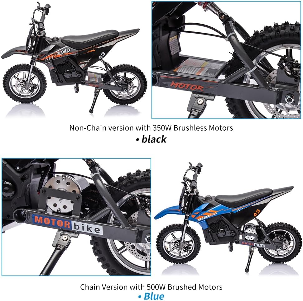 36V Kids Ride On Dirt Bike,15.5MPH Fast Speed Electric Battery-Powered Off-Road Motorcycle Max Load 175 Lbs,Led Light,Leather Seat,Disc Brake,Air-Filled Tires (Black, Brushless Motor)