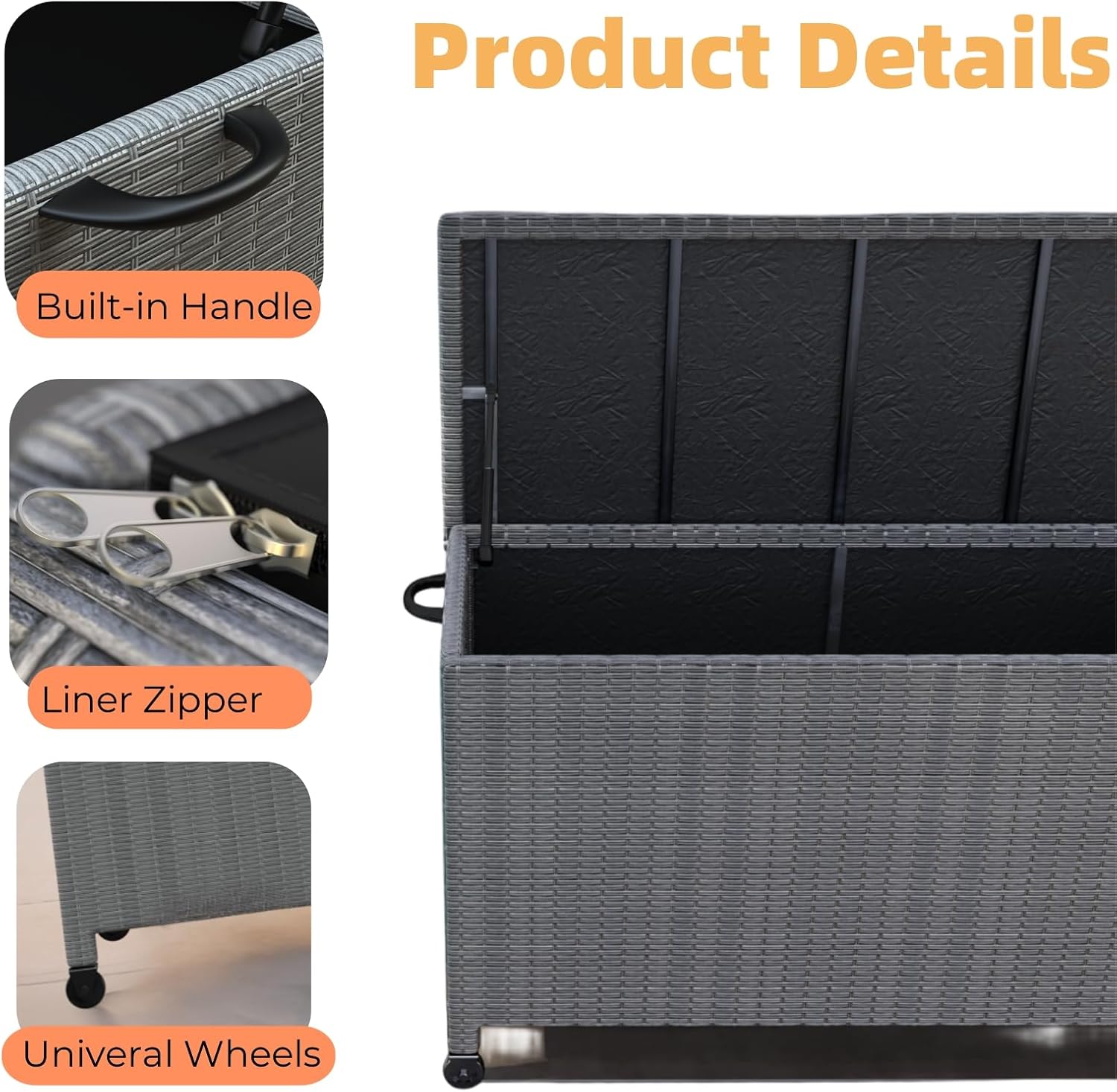 120 Gallon Wicker Deck Box, Waterproof Outdoor Storage Box with Wheels, Large Storage Bench Organizer for Patio Backyard Cushions, Garden Tools and Pool Supplies, Gray