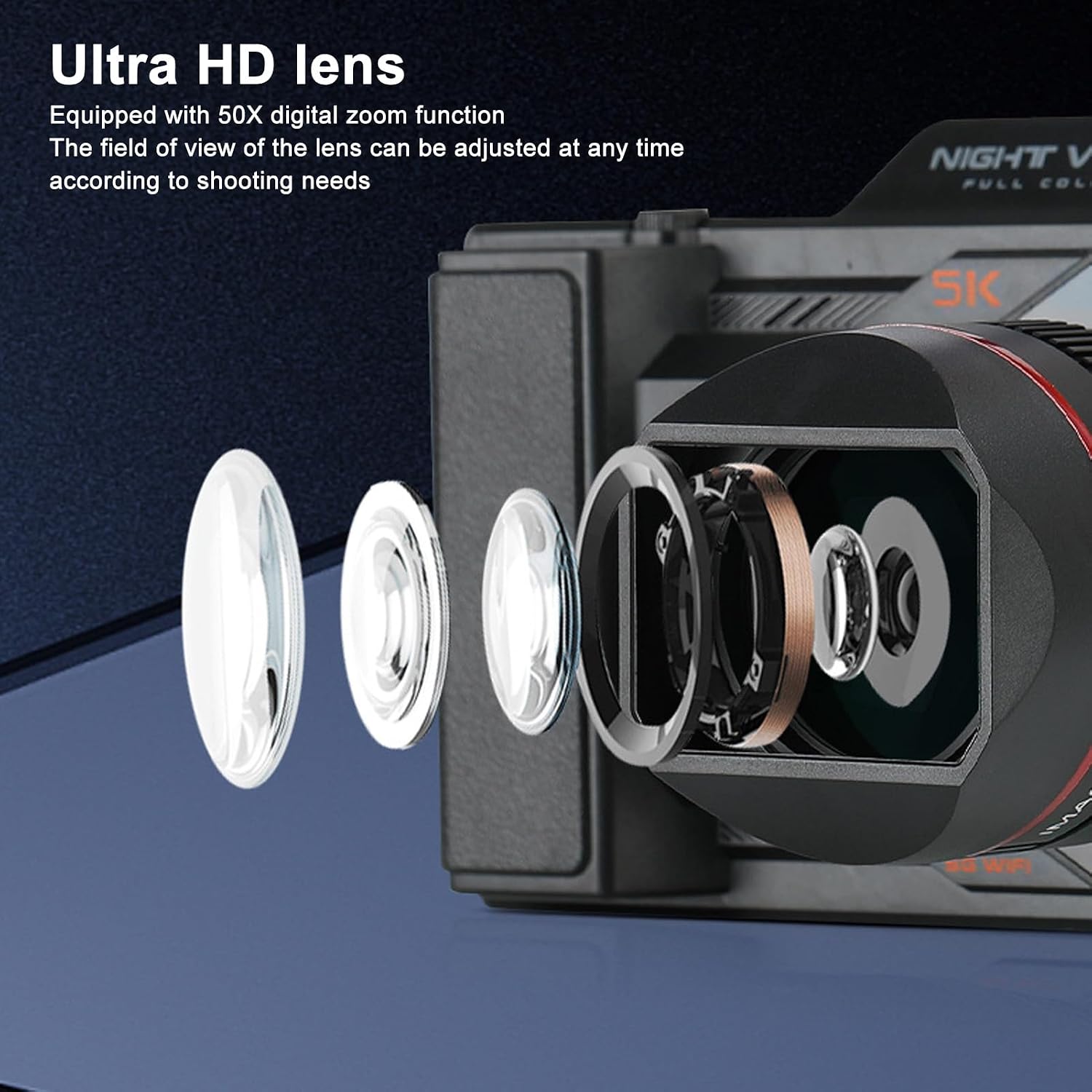 5K Night Vision Digital Camera, IR Night Vision 50MP Camcorder Video Camera Point & Shoot Digital Camera with 4 Large Screen, 50x Zoom, 4800mAh Rechargeable Battery, 64G SD Card
