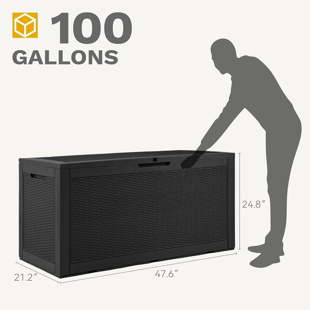 DWVO 100 Gallon Outdoor Storage Box, Lockable Water Resistant Deck Box for Patio, Essentials, Tools, Supplies - Black