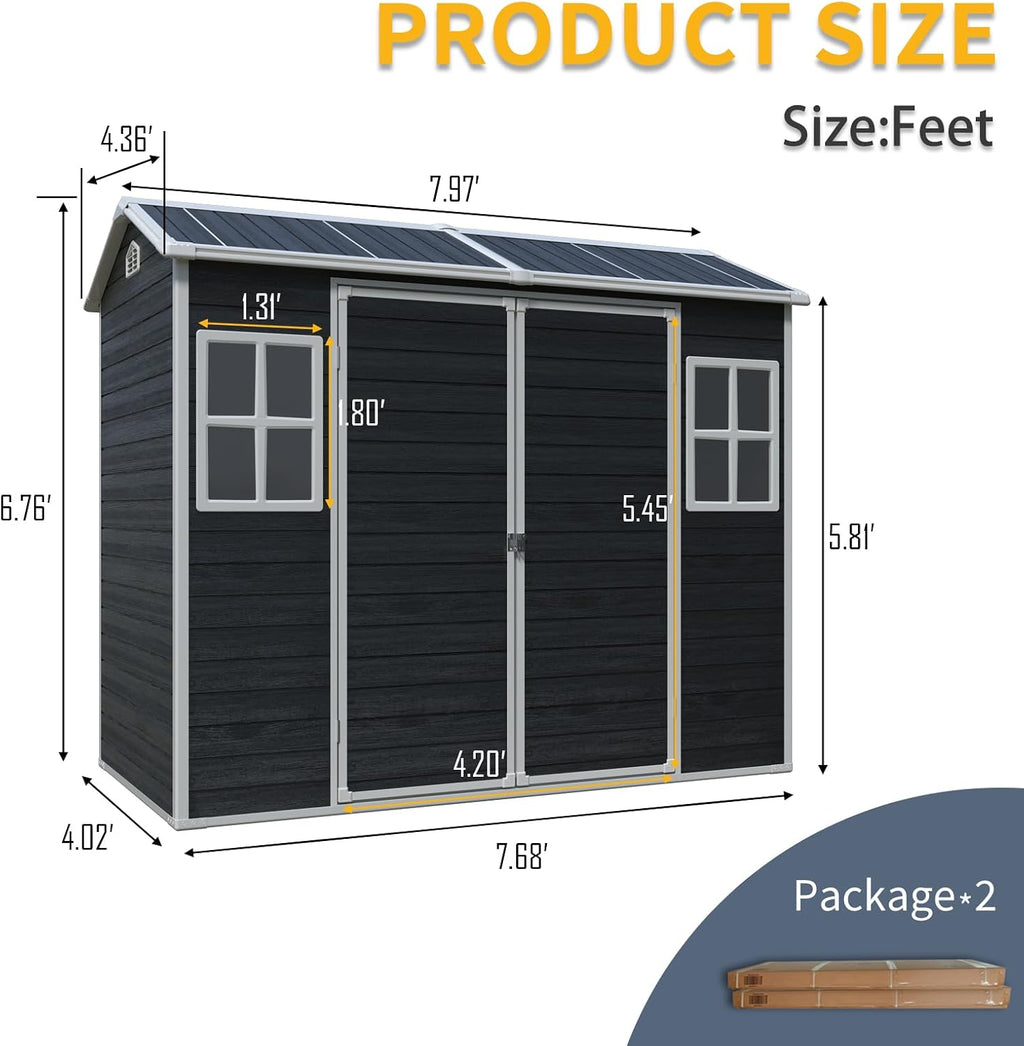 8 x 4 FT Outdoor Storage Shed, Outdoor Resin Shed with Two-Window and Double-Door, Plastic with Floor for Gargen, Patio, Yard, Lawn (Black)