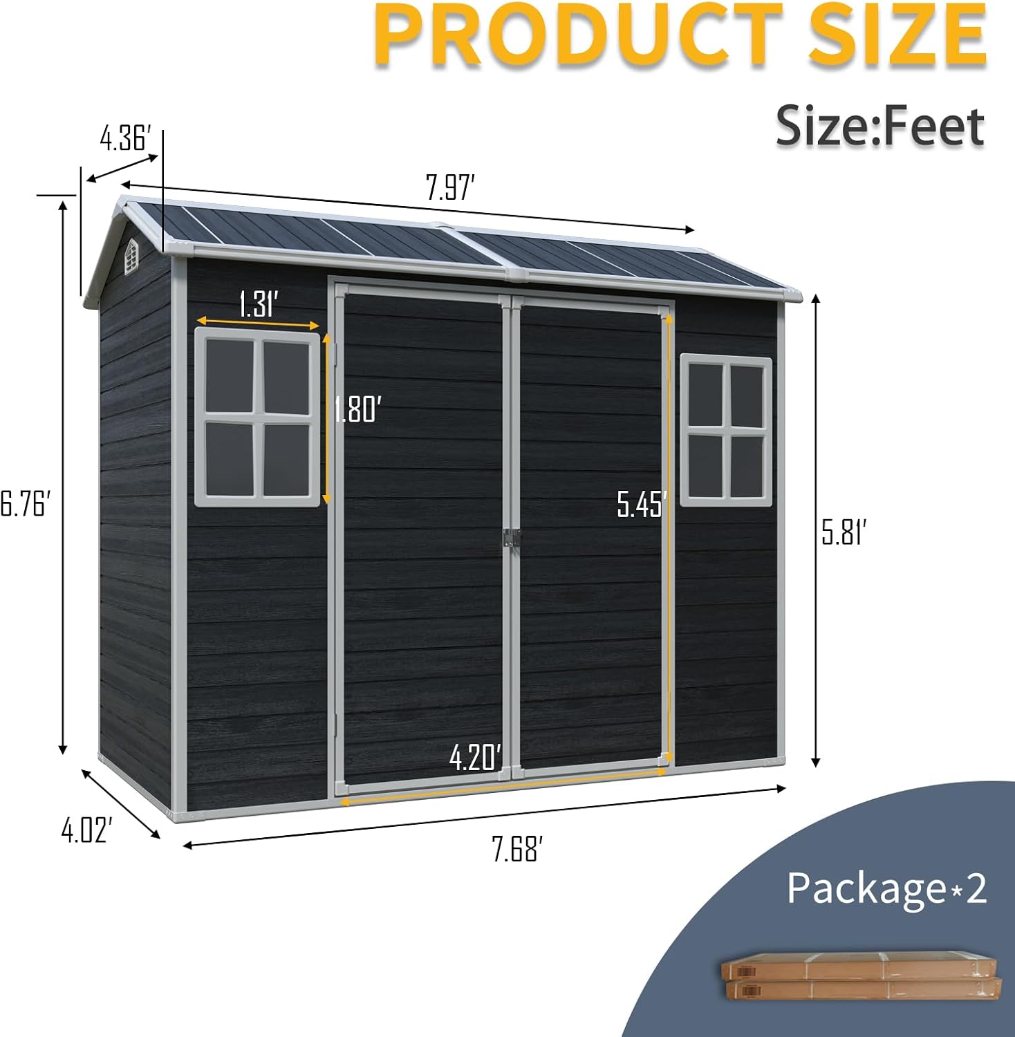 8 x 4 FT Outdoor Storage Shed, Outdoor Resin Shed with Two-Window and Double-Door, Plastic with Floor for Gargen, Patio, Yard, Lawn (Black)