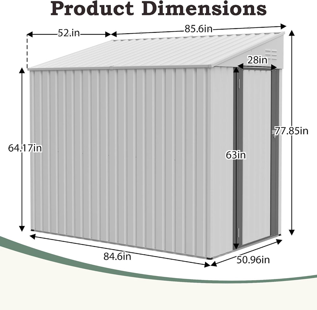 4x7 FT Lean to Shed with Single Lockable Side Door, Outdoor Metal Storage Shed, Sloping Roof Galvanized Utility Steel Tool Shed for Garden, Patio, Lawn & Backyard