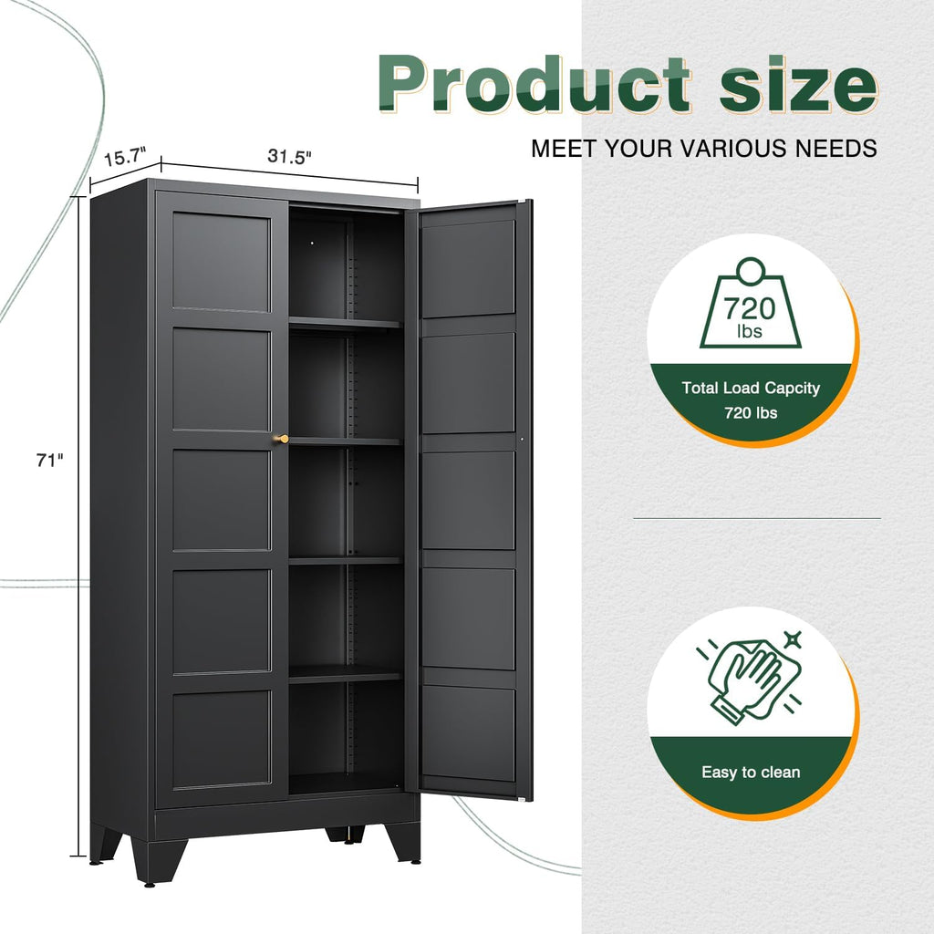 Letaya 71' H Metal Storage Cabinet with 2 Doors and 4 Shelves,Tall Kitchen Pantry Cabinets,Utility Pantry Organizers for Cupboard/Dining/Bathroom/Home Office/Garage (Black, 71' H x 16' D x 32' W)