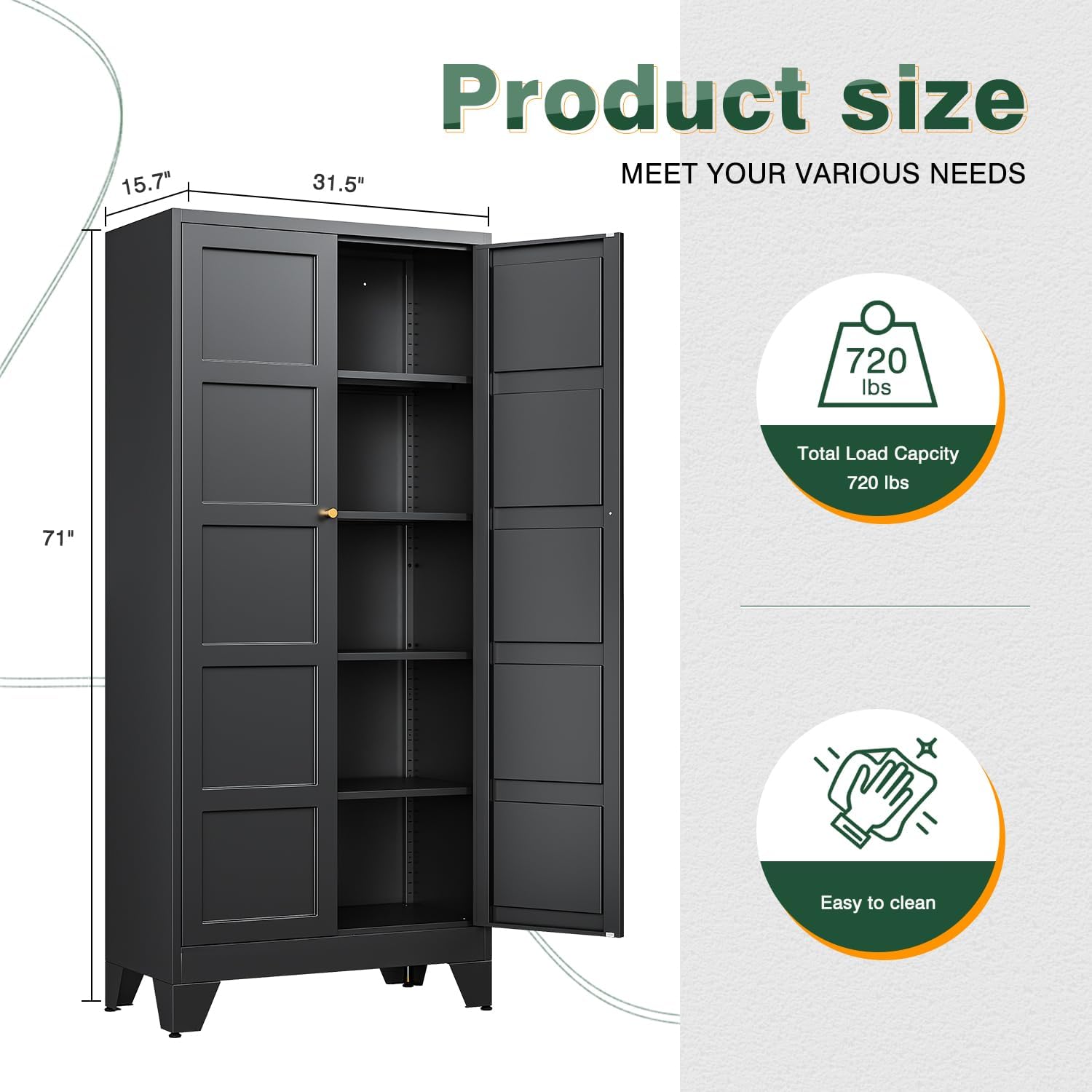 Letaya 71' H Metal Storage Cabinet with 2 Doors and 4 Shelves,Tall Kitchen Pantry Cabinets,Utility Pantry Organizers for Cupboard/Dining/Bathroom/Home Office/Garage (Black, 71' H x 16' D x 32' W)