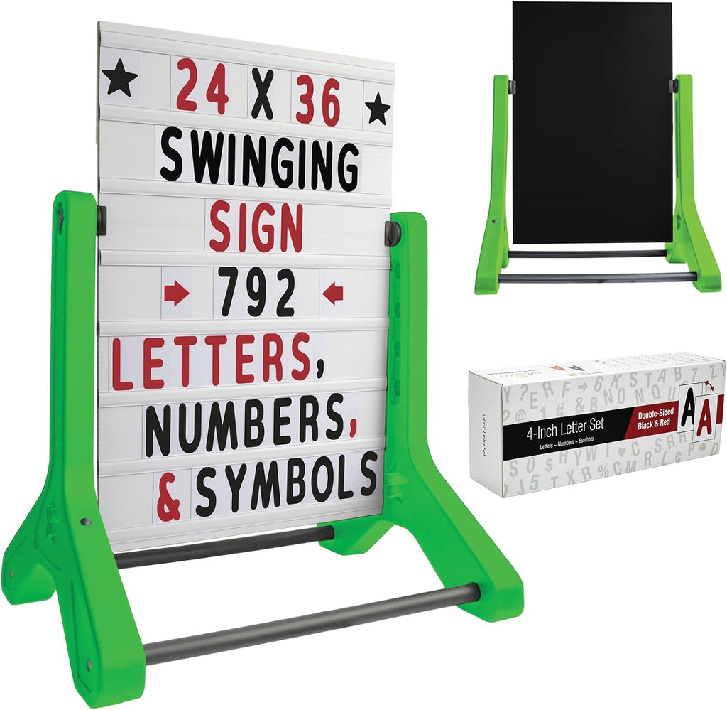 EXCELLO GLOBAL PRODUCTS Swinging Changeable Message Sidewalk Sign: 24' x 36' with 792 Pre-Cut Double Sided Letters and Storage Box. Includes Black Board & Letter Board (Green Color Legs)
