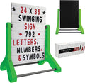 EXCELLO GLOBAL PRODUCTS Swinging Changeable Message Sidewalk Sign: 24' x 36' with 792 Pre-Cut Double Sided Letters and Storage Box. Includes Black Board & Letter Board (Green Color Legs)
