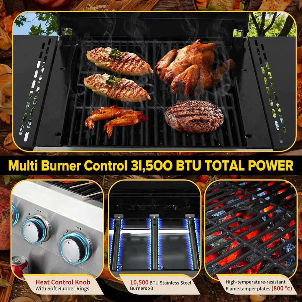 CIG GARDEN 3-Burner Propane Flat Top Grill, 31,500 BTU Stainless Steel Griddle for Outdoor BBQ - Patio, Backyard & Camping Gas Grill