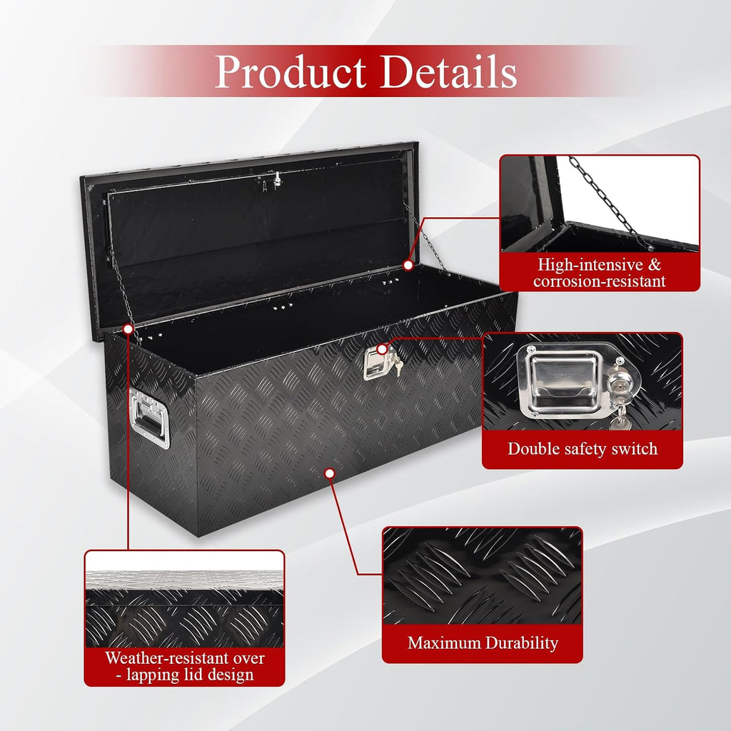44'' Inch Aluminum Waterproof Storage Box (Truck Tool Box, Square, 15.5'' L x 44.5'' W x 15.6'' H, Black, Lockable, Unisex)