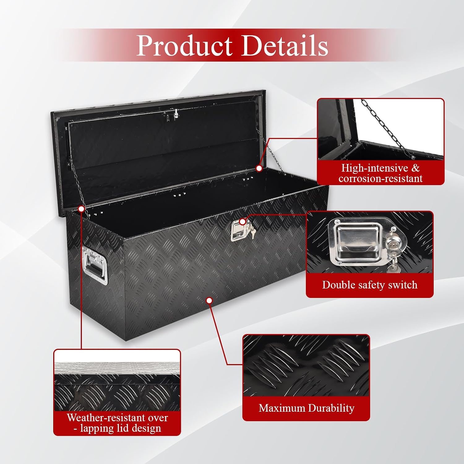 44'' Inch Aluminum Waterproof Storage Box (Truck Tool Box, Square, 15.5'' L x 44.5'' W x 15.6'' H, Black, Lockable, Unisex)