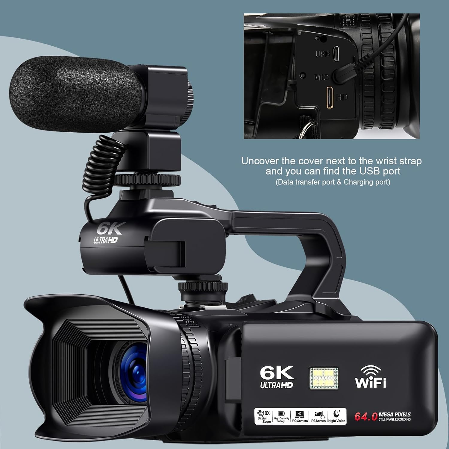 Camcorder Video Camera 6K 64MP IR Night Vision Vlogging Camera for YouTube 18X Digital Zoom 4.0 Inch Touch Screen Video Camera with WiFi, Microphone, Remote Control, 64GB SD Card,Stabilizer