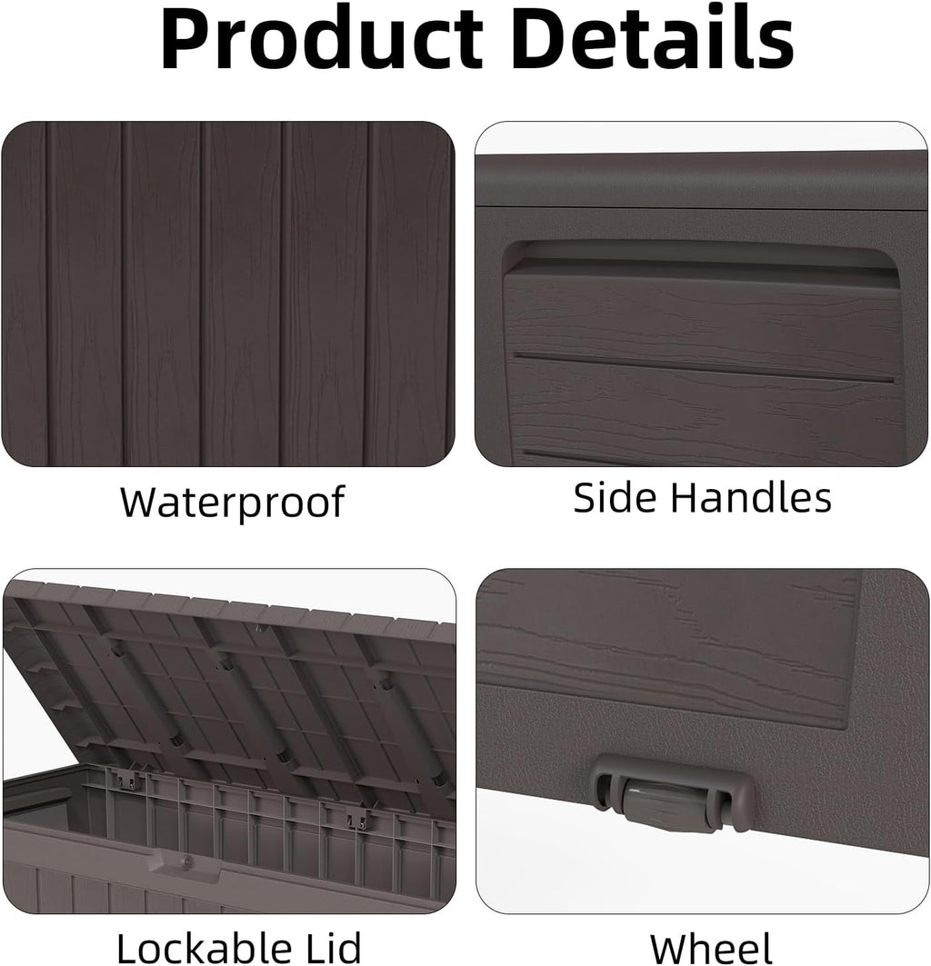 71 Gallon Resin Deck Box，Outdoor Storage Box, Waterproof Lockable Large Storage Bench for Patio Furniture, Pool Accessories & Garden Tools, Brown