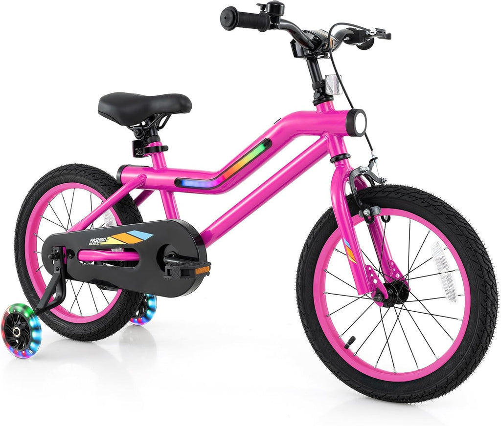 BABY JOY Lighted Kids Bike, 16 18 Inch Children Bicycle with 7-Mode LED Lighted Frame, Headlight, Flash Training Wheels, Dual-Brake, 95% Pre-Assembled, Girls Boys Bike for 4-8 Years