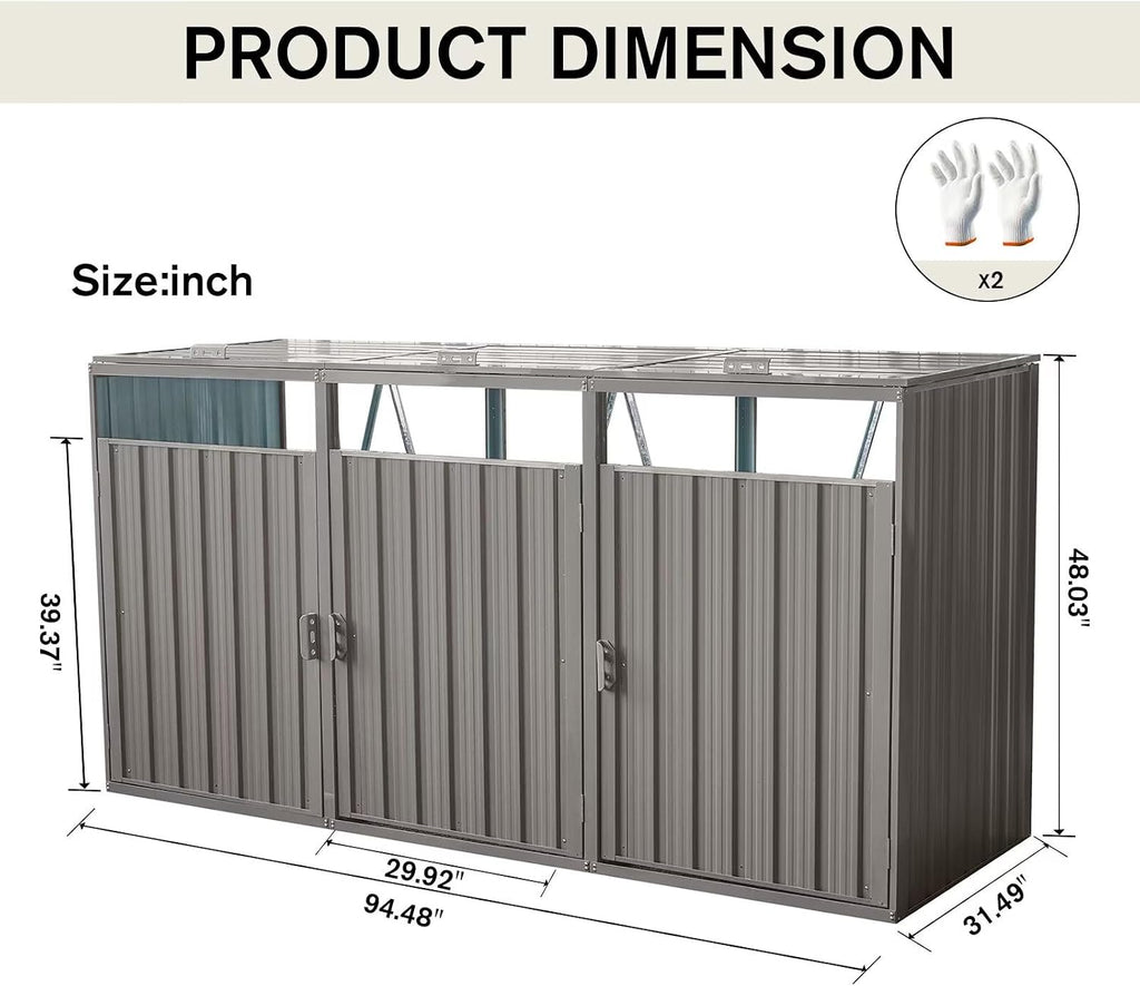 8 x 2.6 ft Outdoor Metal Trash Shed, Storage Shed, Trash Can Storage, Outdoor Garbage Can Organizer, Ideal for 3 Trash Bins, Toys, Weeding Tools (Grey)