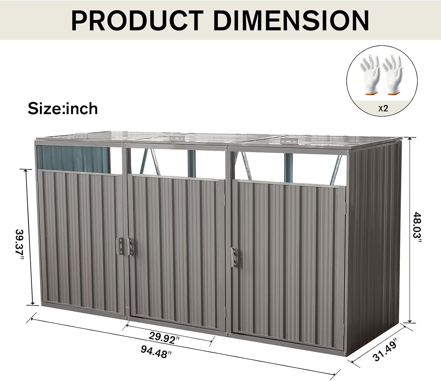 8 x 2.6 ft Outdoor Metal Trash Shed, Storage Shed, Trash Can Storage, Outdoor Garbage Can Organizer, Ideal for 3 Trash Bins, Toys, Weeding Tools (Grey)